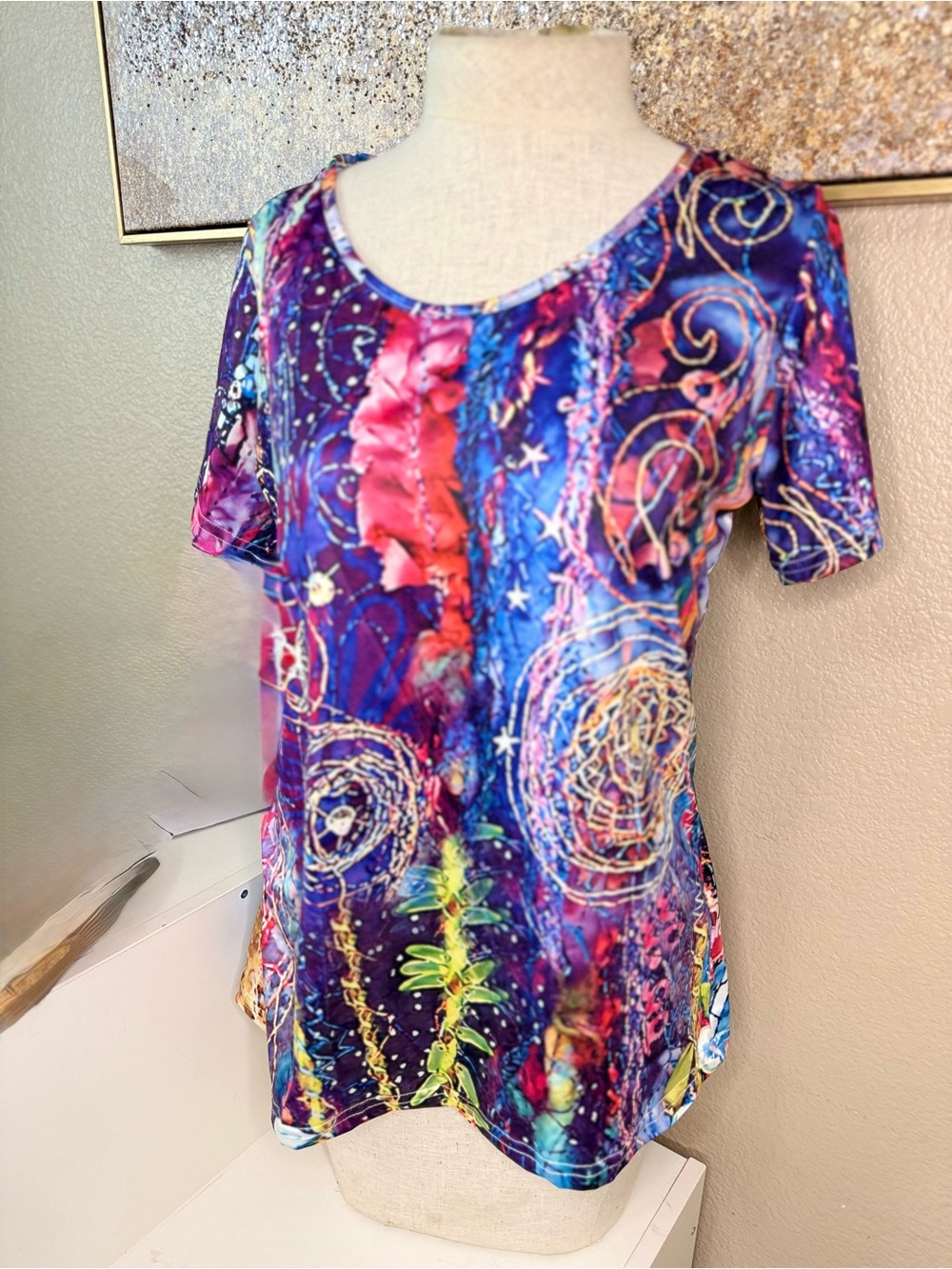 Colorful Floral Abstract Print Tunic Top | Women’s Short Sleeve Boho Blouse| L